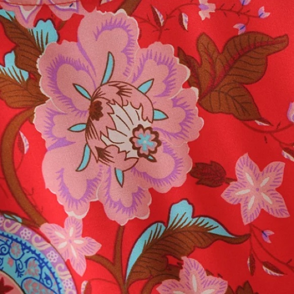 SOLD OUT Bohemian Red Peacock Floral Gypsy Kimono Long Maxi Coverup Duster Robe - Picture 11 of 11